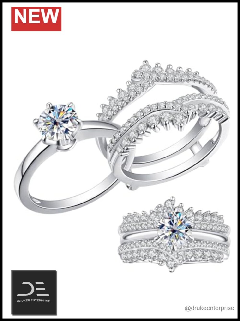 Moissanite Wedding Ring Set Bridal Engagement Band Rhodium Plated Round Cut